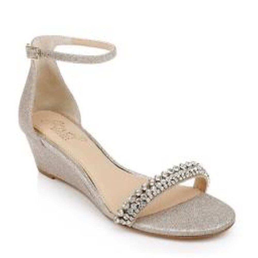 Jewel Badgley Mischka "Lora Low Wedge Sandals" Glittery Wedge Heels [NWT]